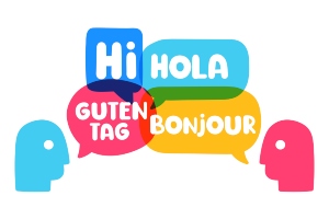 Colorful graphic of two heads saying hello in 4 languages
